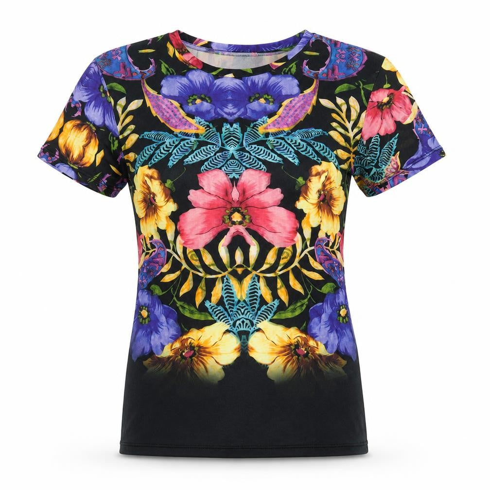 Topshop Womens Multicoloured Floral Polyester Jersey T-Shirt Size 6 Crew Neck