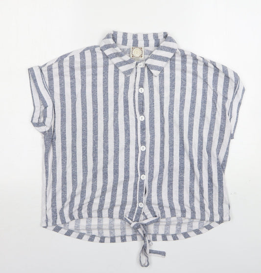 Tru Self Womens Grey Striped Polyester Basic Button-Up Size L Collared