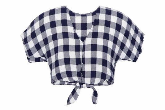 FOREVER 21 Womens Blue Check Cotton Cropped Button-Up Size S V-Neck