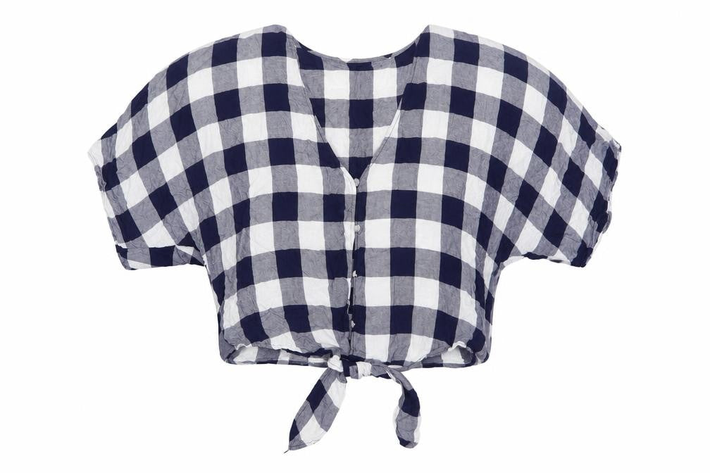FOREVER 21 Womens Blue Check Cotton Cropped Button-Up Size S V-Neck