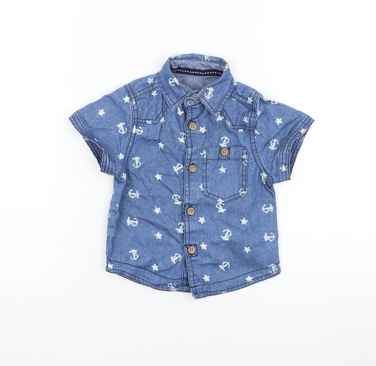 Rebel Boys Blue  Cotton Basic Button-Up Size 9-12 Months Collared Button - Anchor