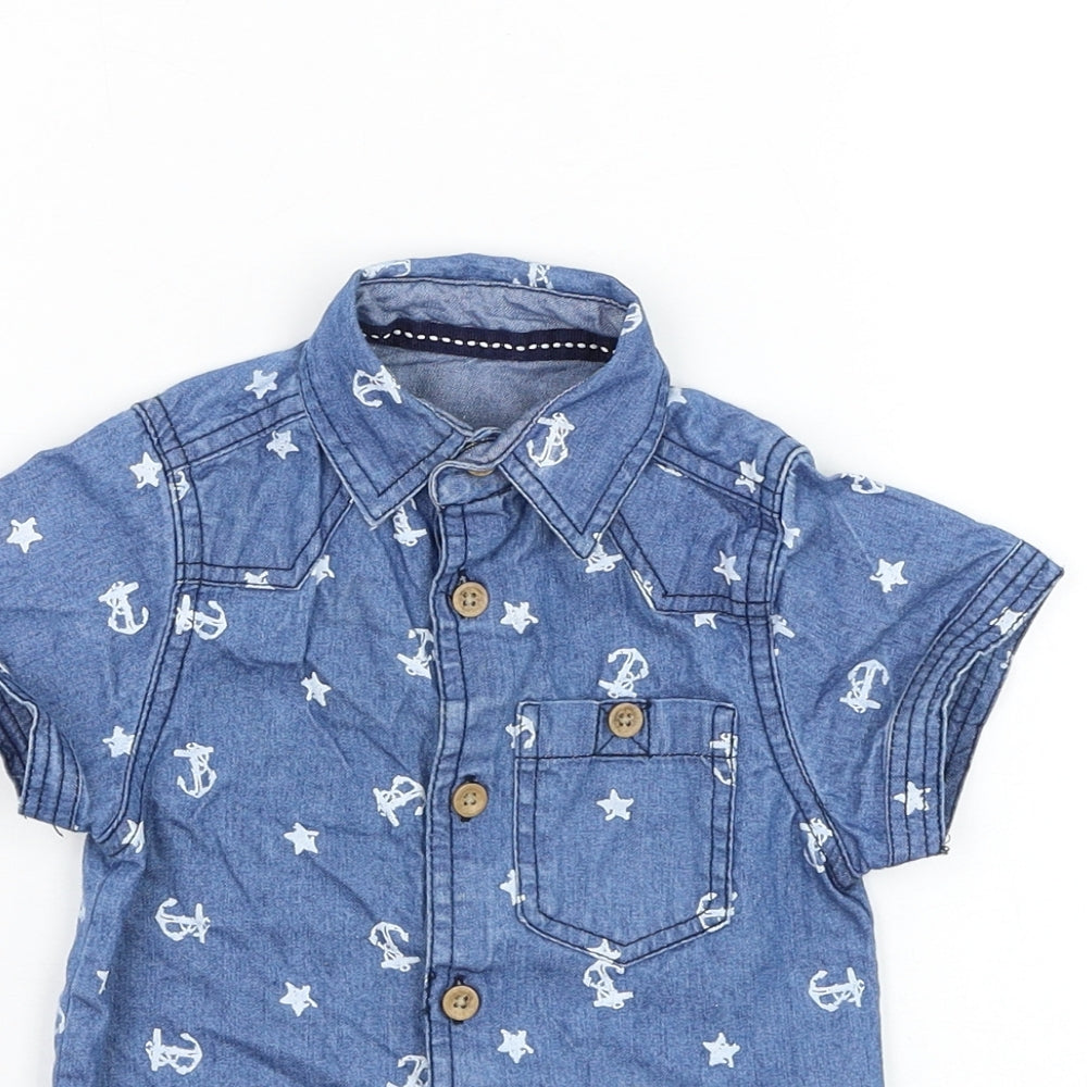 Rebel Boys Blue  Cotton Basic Button-Up Size 9-12 Months Collared Button - Anchor
