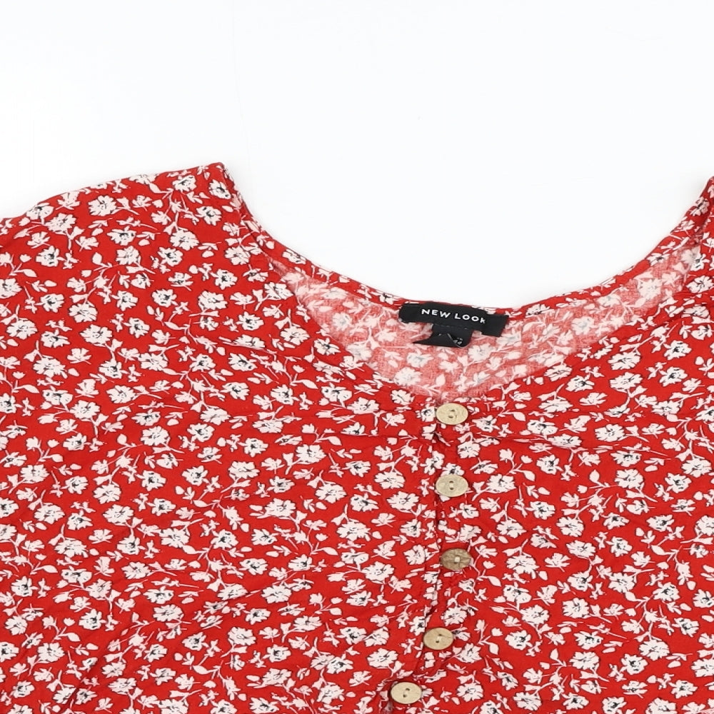 New Look Womens Red Floral Viscose Basic Blouse Size 16 Round Neck