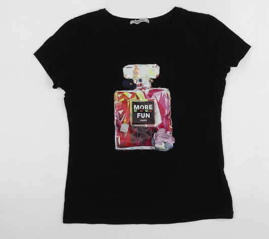 Sovogue Womens Black Geometric Cotton Basic T-Shirt Size S Round Neck