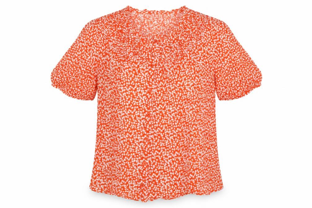 Marks & Spencer Womens Orange Geometric Viscose Basic Button-Up Size 6 Round Neck
