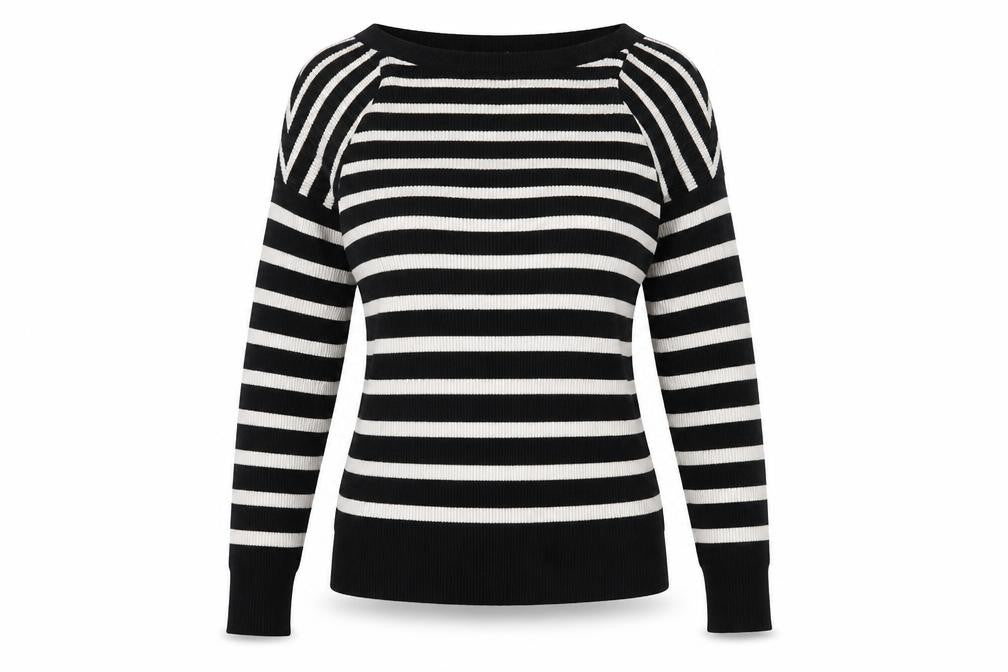 F&F Womens Black Crew Neck Striped Polyester Pullover Jumper Size 6