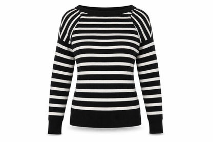 F&F Womens Black Crew Neck Striped Polyester Pullover Jumper Size 6