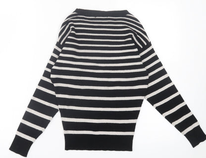 F&F Womens Black Crew Neck Striped Polyester Pullover Jumper Size 6