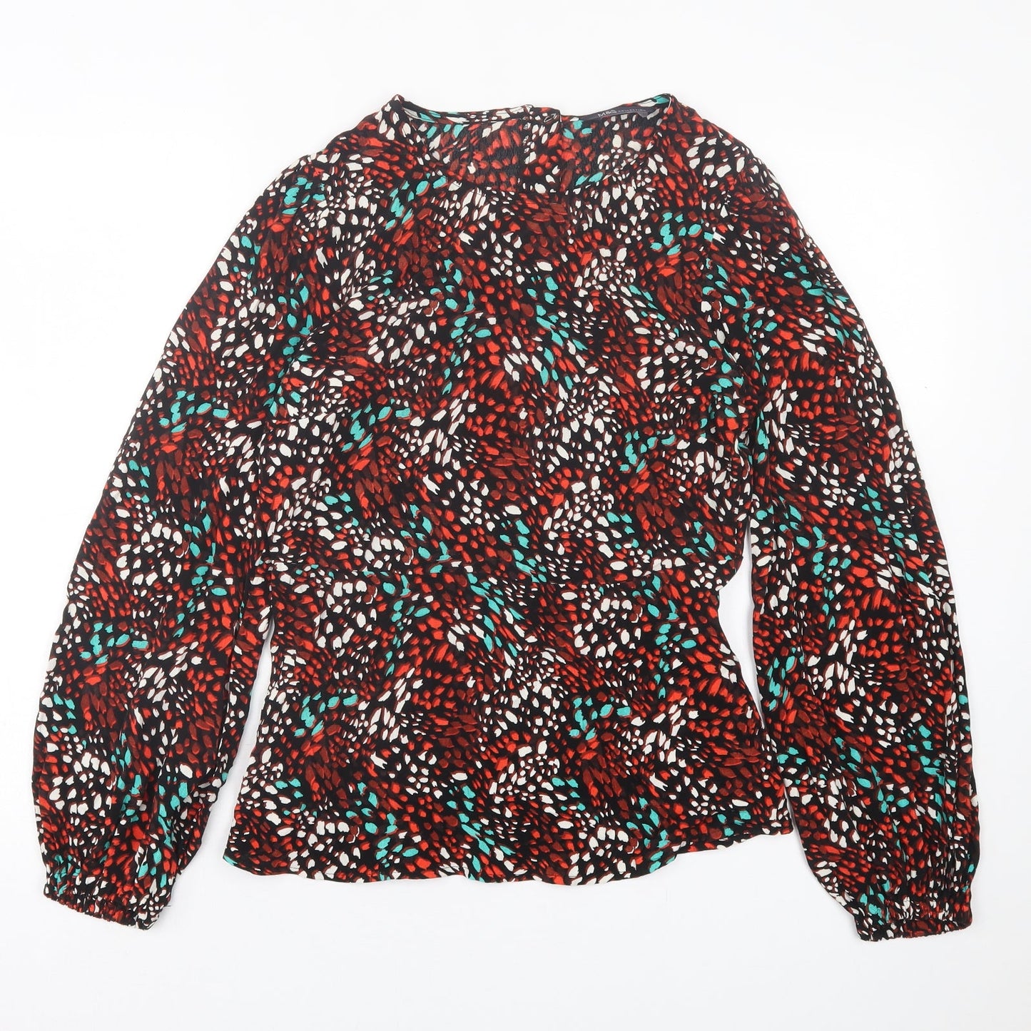 Marks and Spencer Womens Red Geometric Viscose Basic Blouse Size 10 Crew Neck