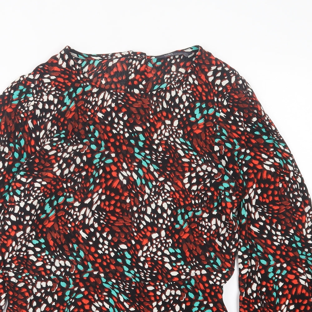 Marks and Spencer Womens Red Geometric Viscose Basic Blouse Size 10 Crew Neck