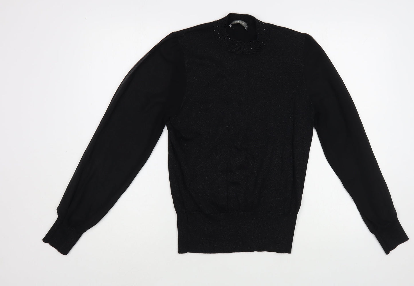 Oasis Womens Black  Cotton Basic Blouse Size M Mock Neck - Embelished Neckline