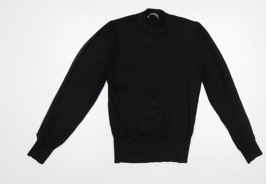 Oasis Womens Black  Cotton Basic Blouse Size M Mock Neck - Embelished Neckline