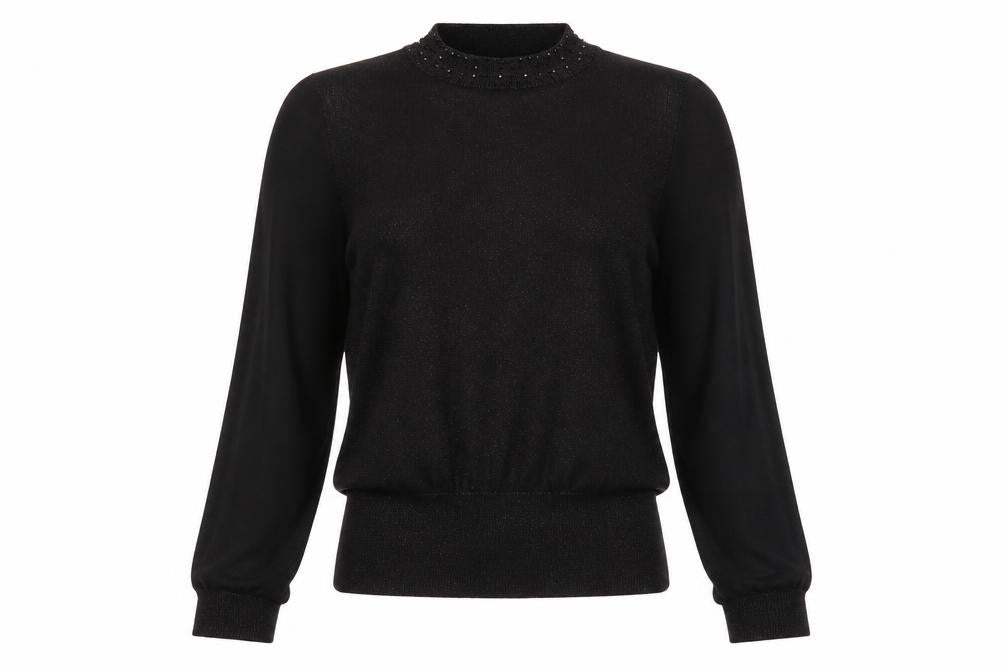 Oasis Womens Black  Cotton Basic Blouse Size M Mock Neck - Embelished Neckline