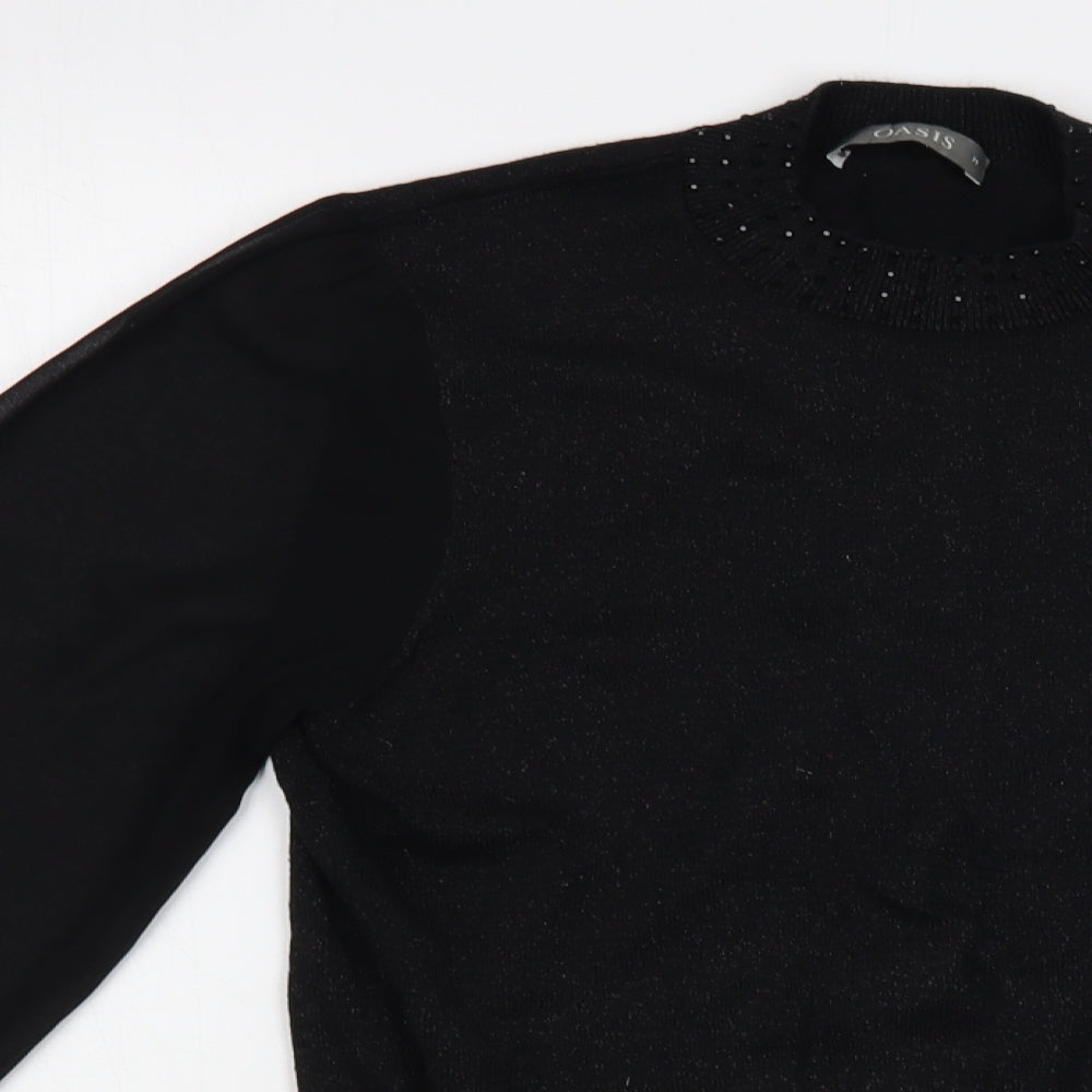 Oasis Womens Black  Cotton Basic Blouse Size M Mock Neck - Embelished Neckline
