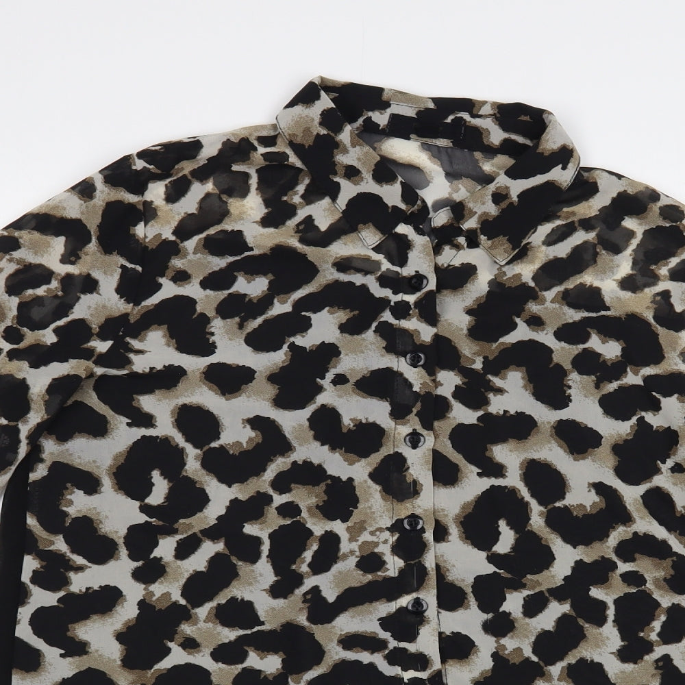 MINE Womens Black Animal Print Polyester Basic Button-Up Size M Collared