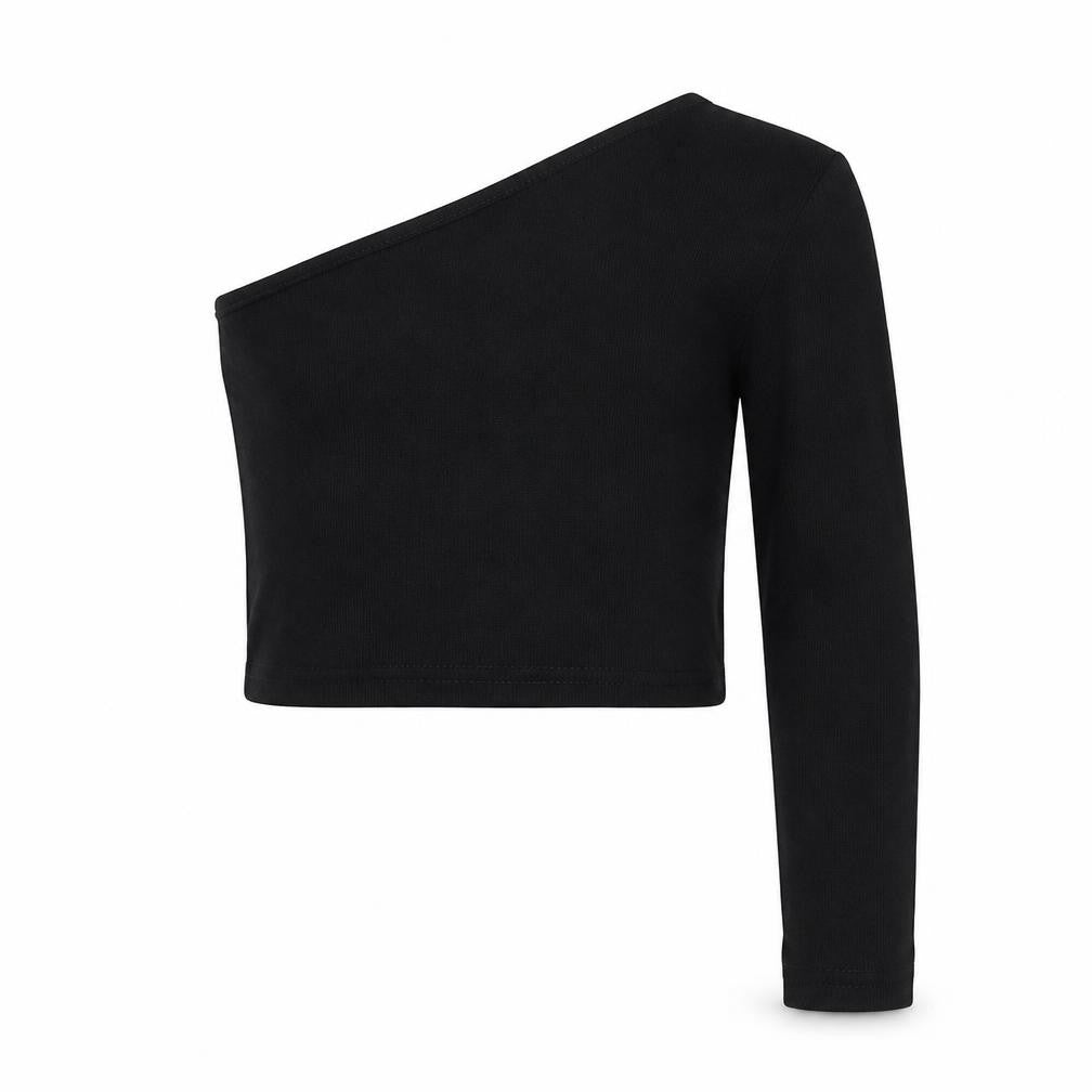 SHEIN Girls Black  Cotton Cropped T-Shirt Size 10 Years One Shoulder Pullover - Ribbed
