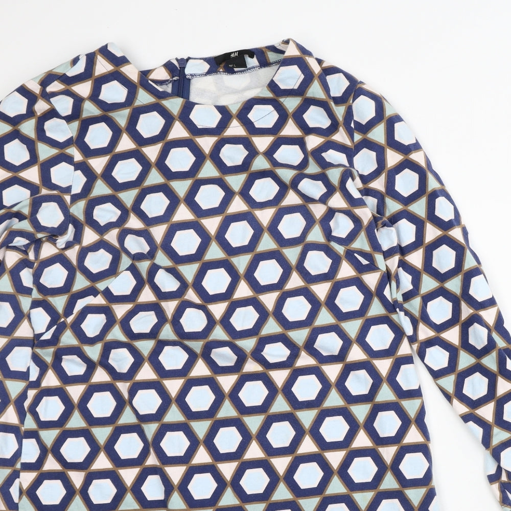 H&M Womens Blue Geometric 100% Cotton T-Shirt Dress  Size L  Crew Neck