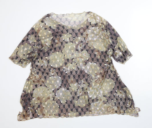 Preworn Womens Brown Geometric Polyester Tunic T-Shirt Size L Round Neck - Sheer