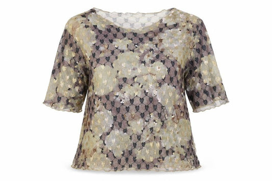 Preworn Womens Brown Geometric Polyester Tunic T-Shirt Size L Round Neck - Sheer