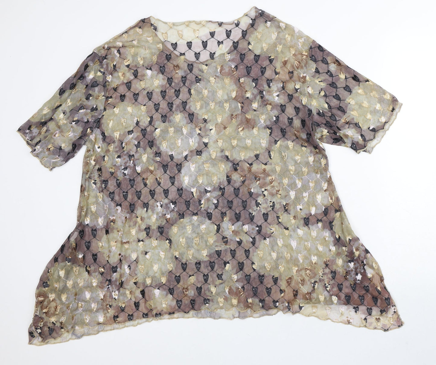 Preworn Womens Brown Geometric Polyester Tunic T-Shirt Size L Round Neck - Sheer