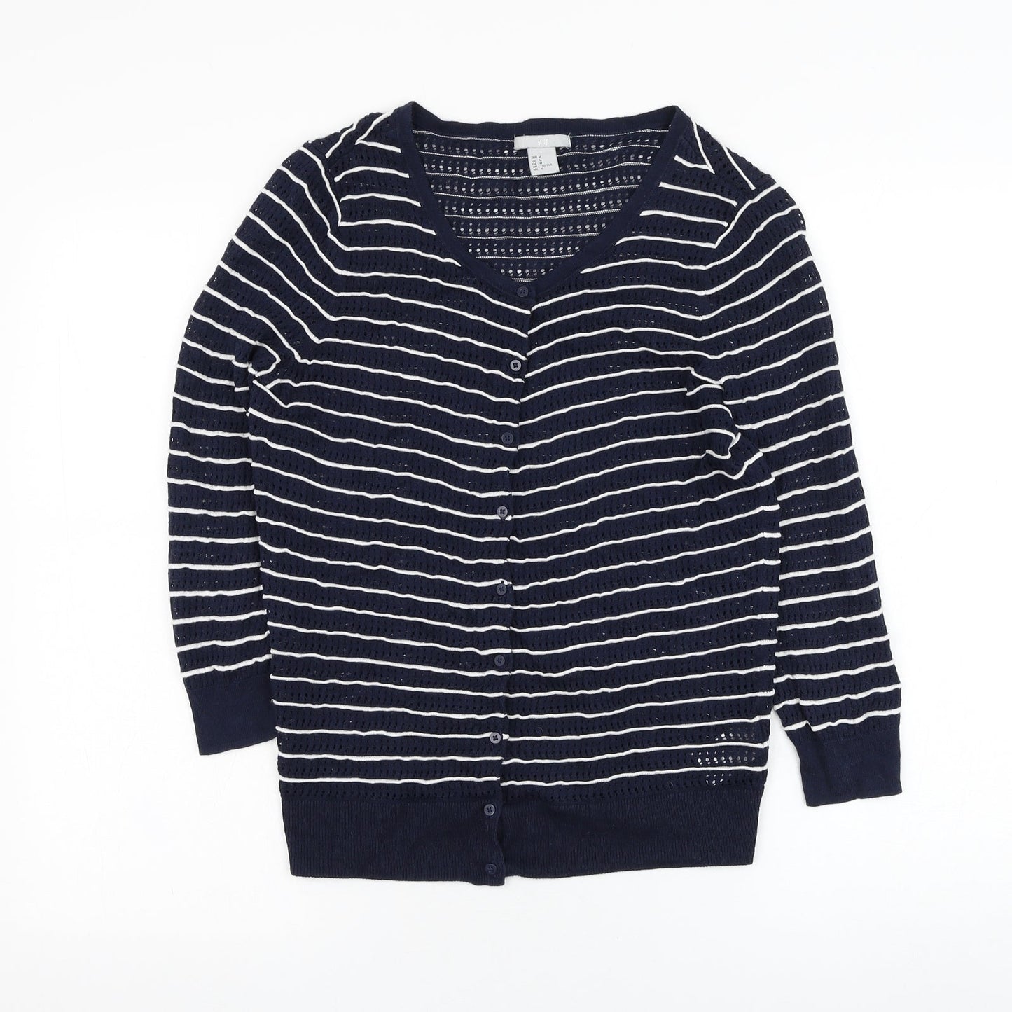H&M Womens Blue Round Neck Striped Cotton Cardigan Jumper Size M