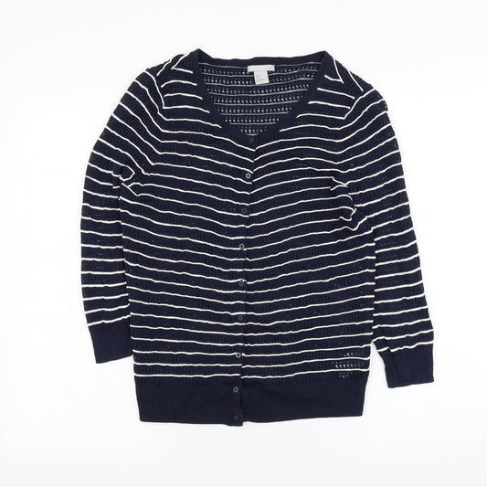 H&M Womens Blue Round Neck Striped Cotton Cardigan Jumper Size M