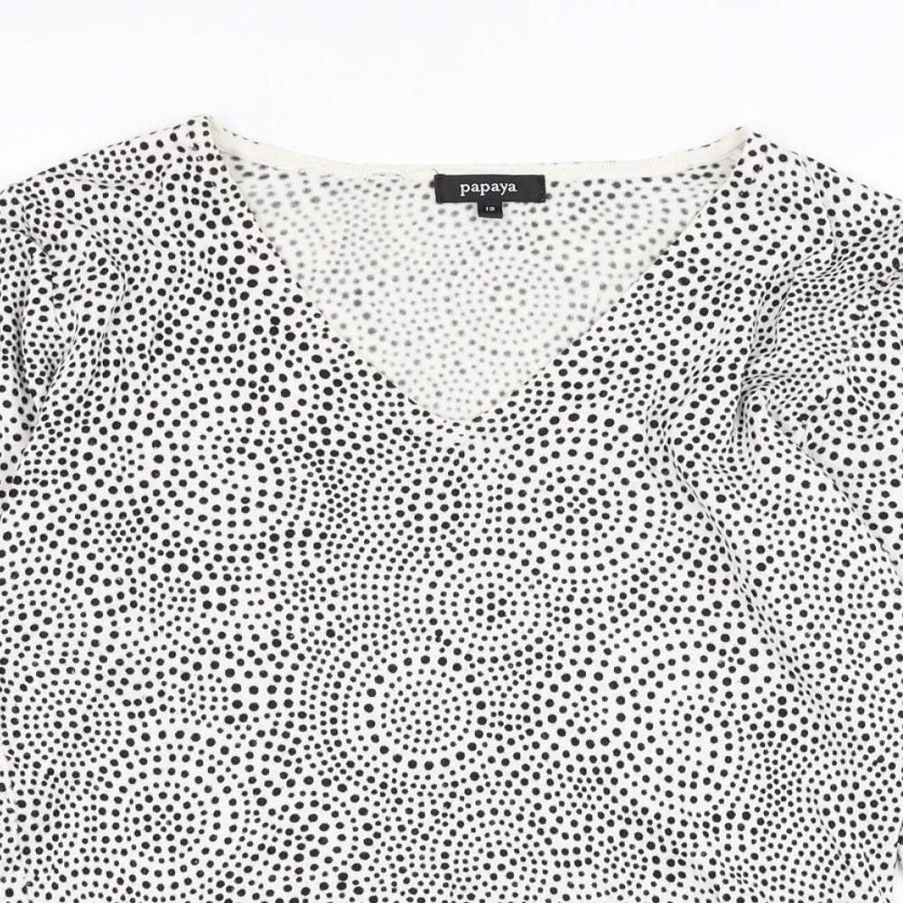 Papaya Womens White V-Neck Geometric Viscose Pullover Jumper Size 12