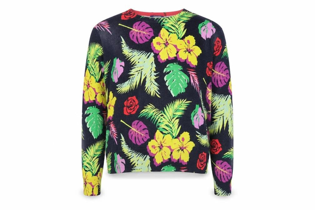 J.Won Womens Blue Round Neck Floral Cotton Pullover Jumper Size S