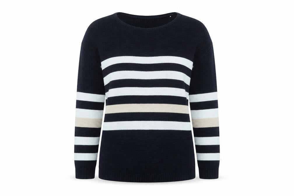 Country Casuals Womens Blue Round Neck Striped Cotton Pullover Jumper Size L