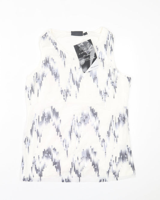 Attitude by Renee Womens White Geometric Polyester Basic Tank Size S Scoop Neck