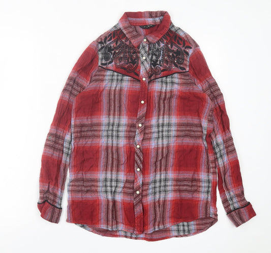 River Island Womens Red Plaid Viscose Basic Button-Up Size 6 Collared