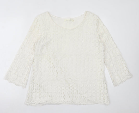 Solitaire Fits-Over Womens White Geometric Polyester Basic Blouse Size L Crew Neck