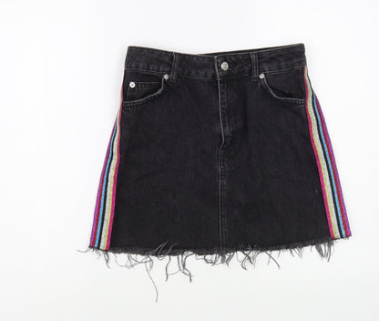 Topshop Womens Black  Cotton Mini Skirt Size 8   Button - Side Stripe
