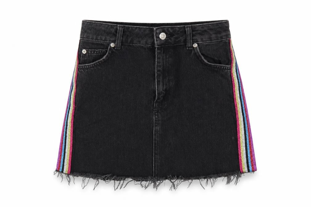 Topshop Womens Black  Cotton Mini Skirt Size 8   Button - Side Stripe