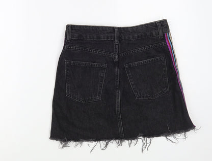 Topshop Womens Black  Cotton Mini Skirt Size 8   Button - Side Stripe
