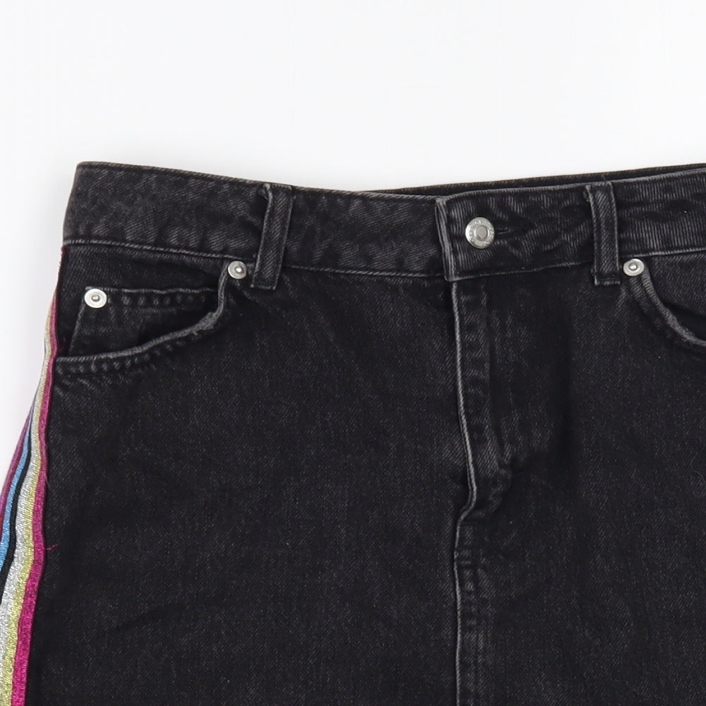 Topshop Womens Black  Cotton Mini Skirt Size 8   Button - Side Stripe