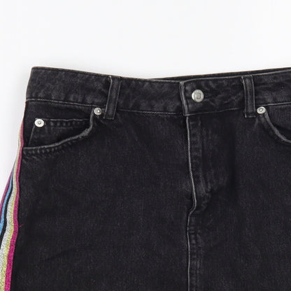 Topshop Womens Black  Cotton Mini Skirt Size 8   Button - Side Stripe