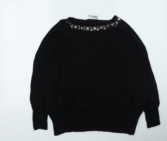 Wallis Womens Black Round Neck  Nylon Pullover Jumper Size L