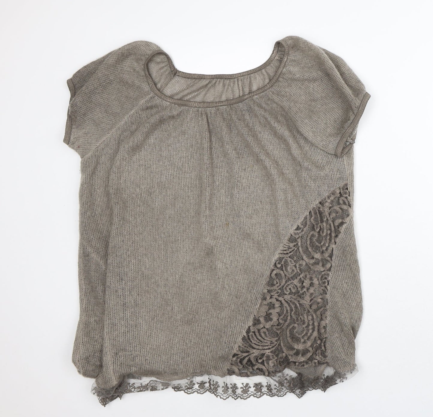 Preworn Womens Brown  Polyester Tunic T-Shirt Size L Round Neck - Lace Trim