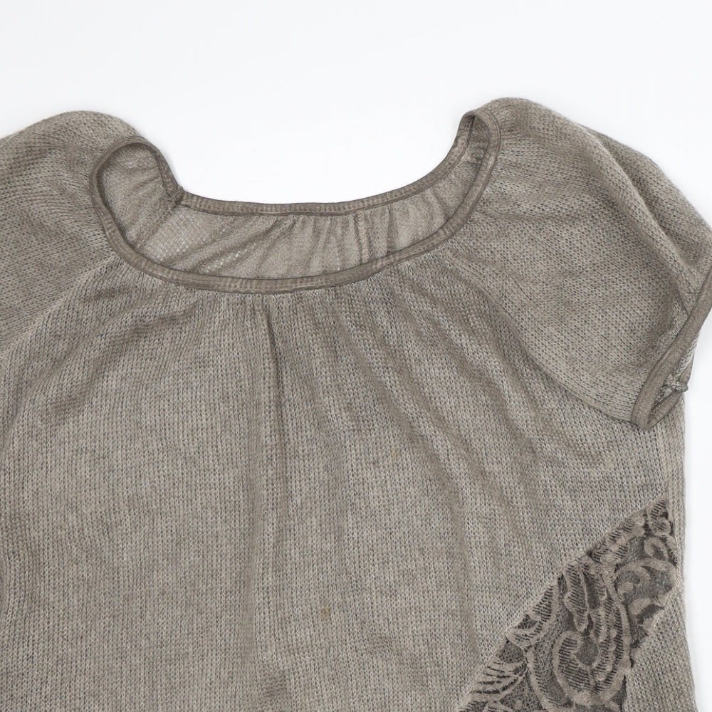 Preworn Womens Brown  Polyester Tunic T-Shirt Size L Round Neck - Lace Trim