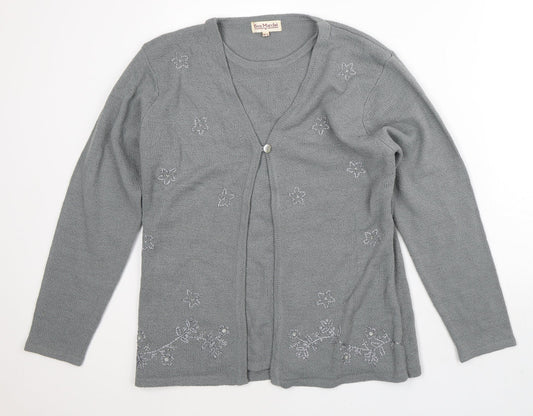 Bonmarché Womens Grey Round Neck Geometric Polyester Cardigan Jumper Size M   - Two Layers
