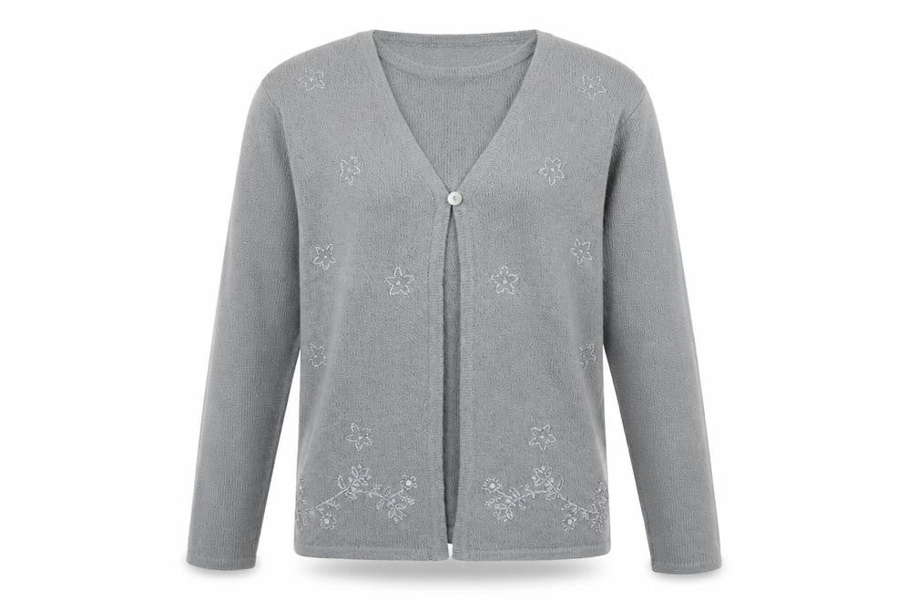 Bonmarché Womens Grey Round Neck Geometric Polyester Cardigan Jumper Size M - Two Layers