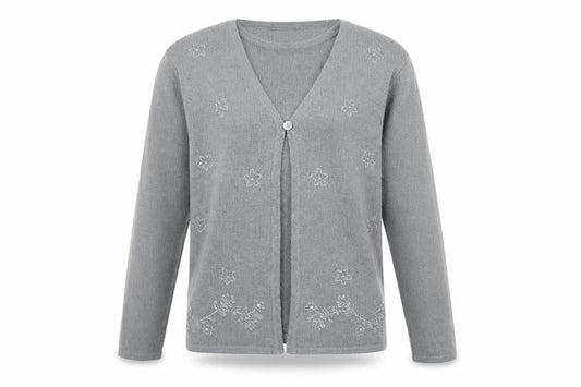 Bonmarché Womens Grey Round Neck Geometric Polyester Cardigan Jumper Size M - Two Layers