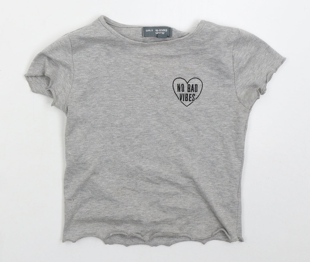 Denim Co Girls Grey  Cotton Basic T-Shirt Size 10-11 Years Crew Neck Pullover - No Bad Vibes