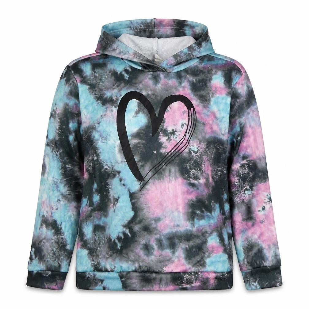 SheIn Girls Grey  Polyester Pullover Hoodie Size 11-12 Years  Pullover - Heart Blue Pink Abstract