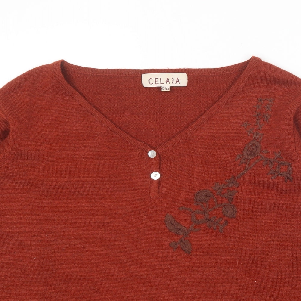 Celaia Womens Orange V-Neck  Acrylic Pullover Jumper Size 14