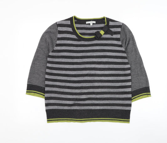 Marks and Spencer Womens Grey Round Neck Striped Acrylic Pullover Jumper Size 14