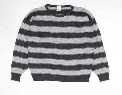 Littlewoods Womens Grey Round Neck Striped Acrylic Pullover Jumper Size 14