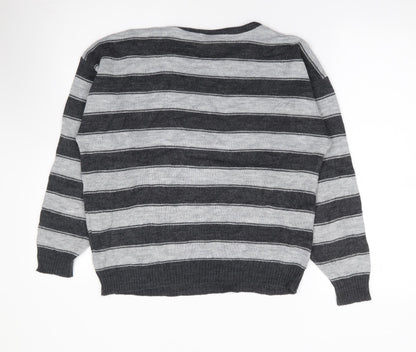 Littlewoods Womens Grey Round Neck Striped Acrylic Pullover Jumper Size 14