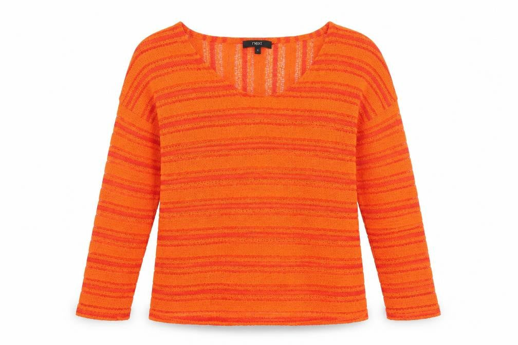 NEXT Womens Orange Scoop Neck Striped Polyester Pullover Jumper Size 6   - Sheer